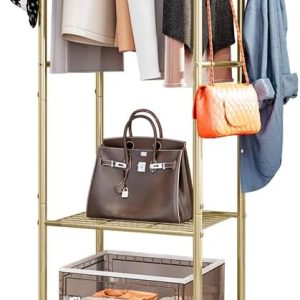 Gold Metal Clothes Rack with Shelves Hooks Wheels