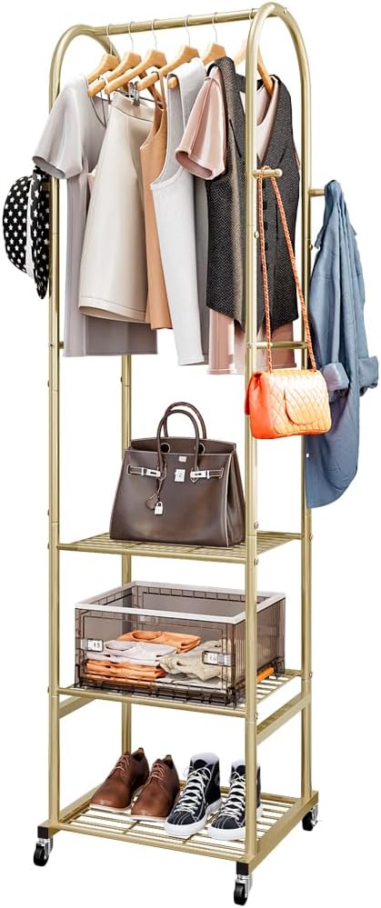Gold Metal Clothes Rack with Shelves Hooks Wheels