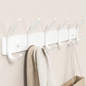 Matte White Metal Wall Mount Coat Rack with 6 Hooks