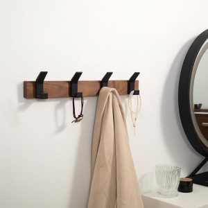 Walnut Wood Coat Rack with 4 Hooks Wall Mount