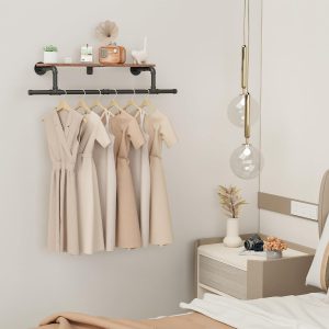 Black Industrial Pipe Wall Mount Garment Rack Shelf