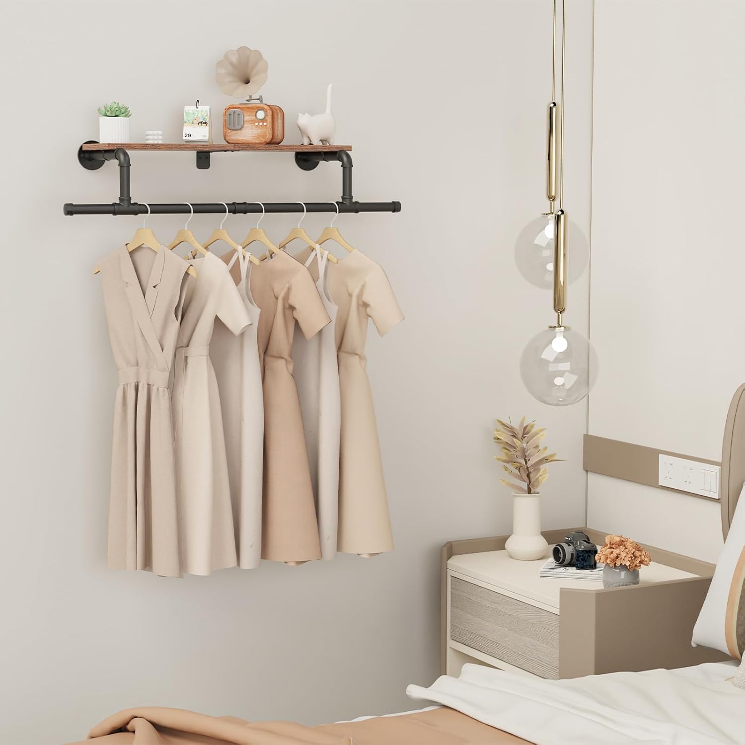 Black Industrial Pipe Wall Mount Garment Rack Shelf