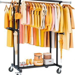 800lb Heavy Duty Double Rod Rolling Clothes Rack with Shelf