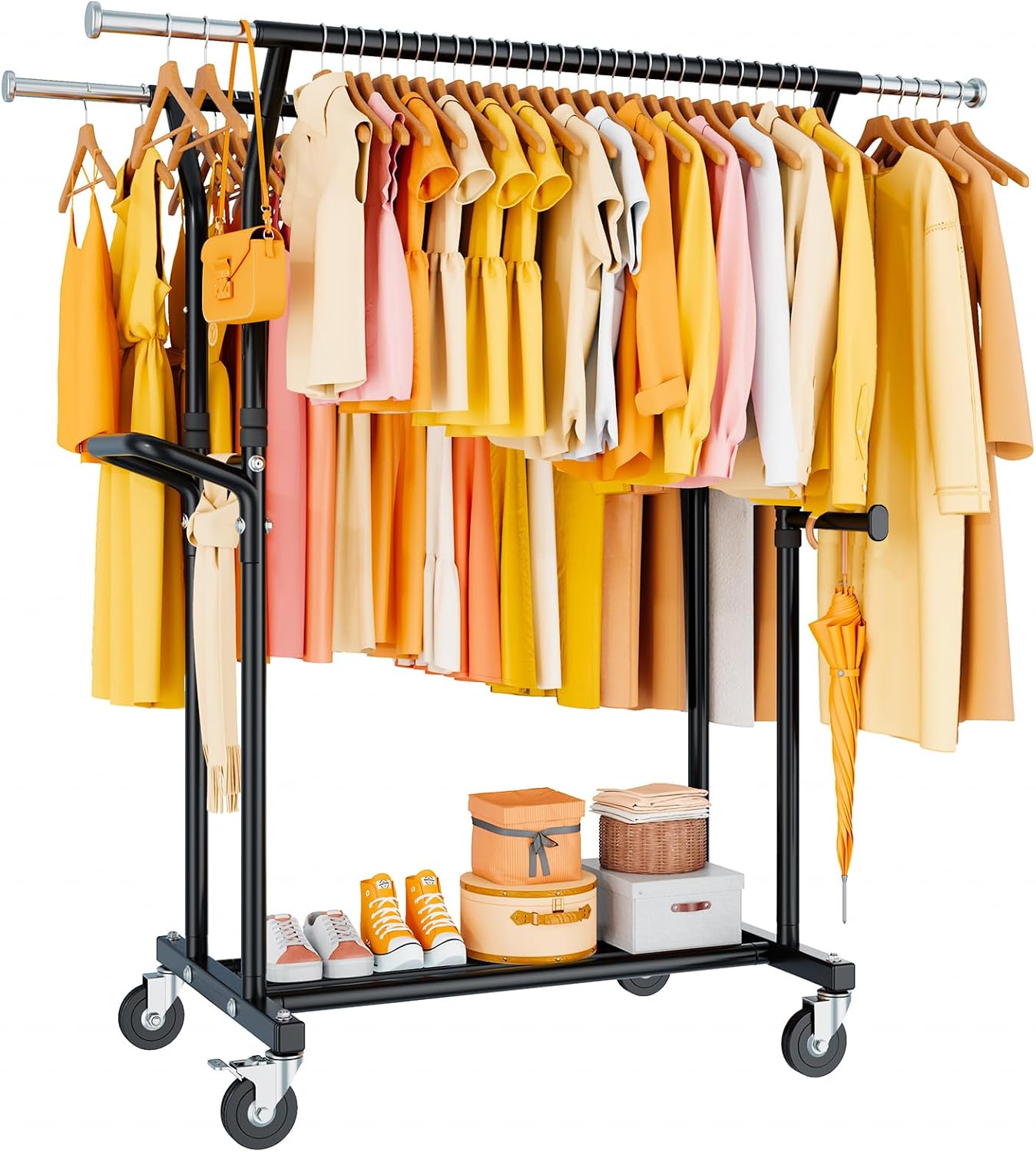 800lb Heavy Duty Double Rod Rolling Clothes Rack with Shelf