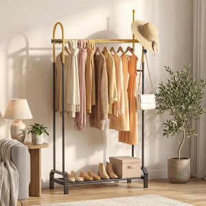 Gold Freestanding Double Rod Clothes Rack with Shoe Shelf