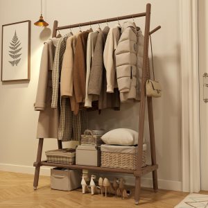 Walnut Solid Wood Rolling Clothes Rack with Shelves