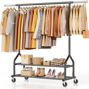 Black Heavy Duty Rolling Clothes Rack with Shelves Adjustable