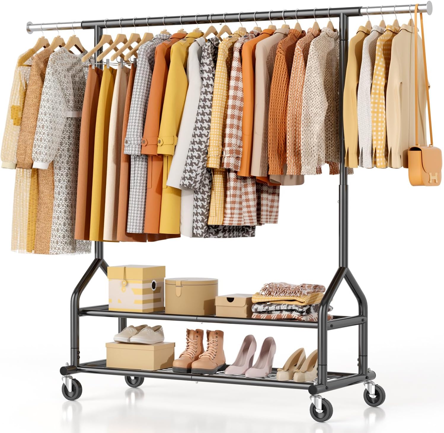 Black Heavy Duty Rolling Clothes Rack with Shelves Adjustable