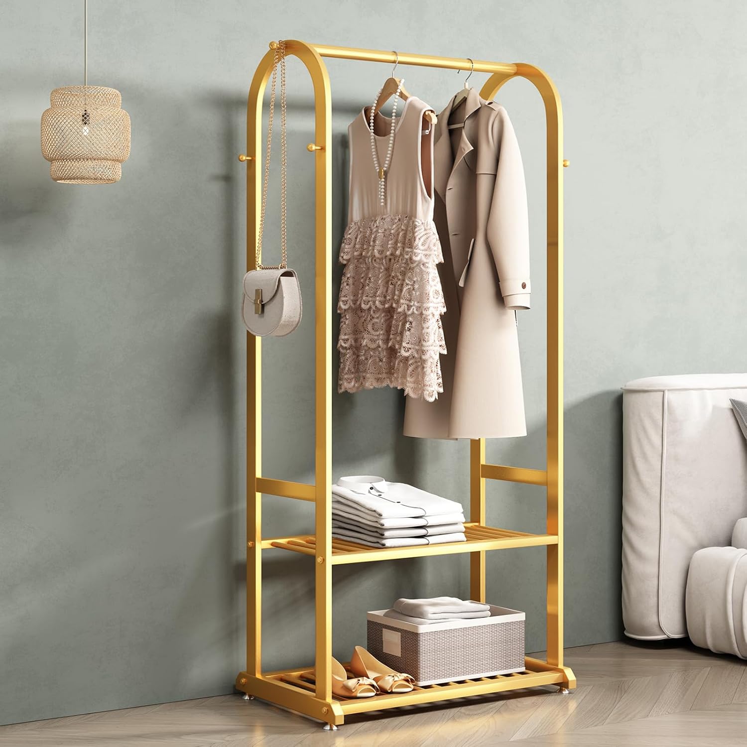 Gold Metal Clothes Rack with Bottom Shelves