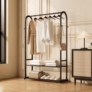 Black Freestanding Metal Clothes Rack with Bottom Shelves