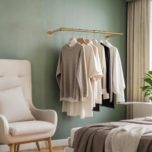 Gold Industrial Iron Pipe Wall Mount Garment Rack