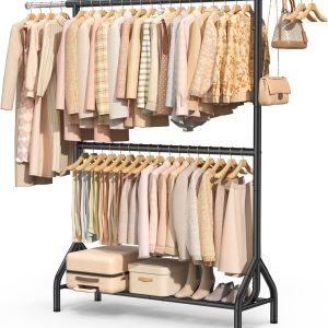 Black Double Rod Heavy Duty Clothes Rack with Shelves 622lb