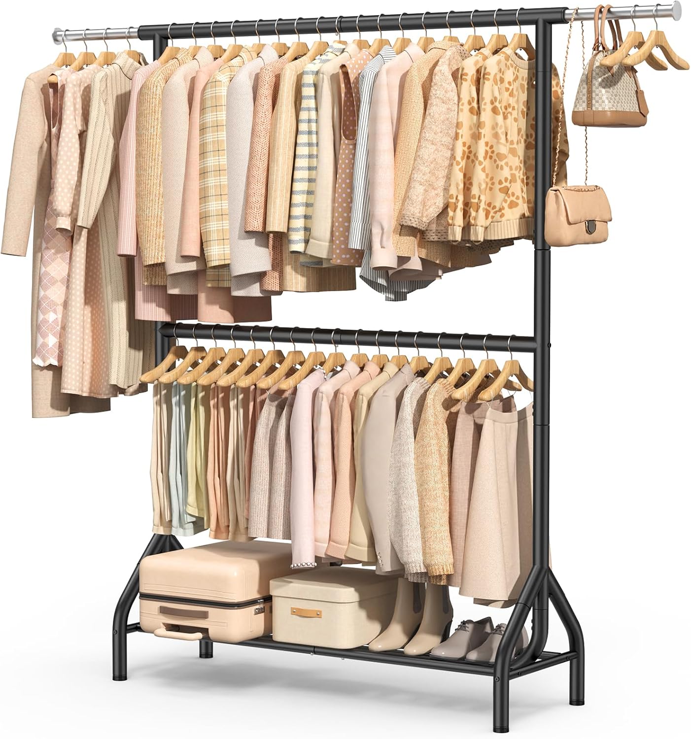 Black Double Rod Heavy Duty Clothes Rack with Shelves 622lb