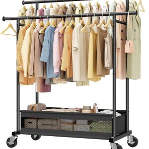 Black Double Rod Rolling Clothes Rack with Storage Basket