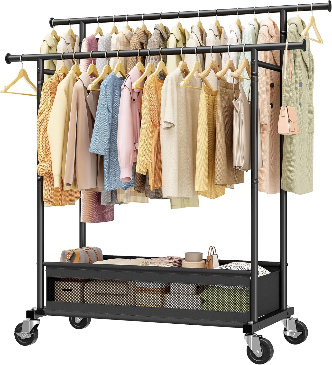 Black Double Rod Rolling Clothes Rack with Storage Basket