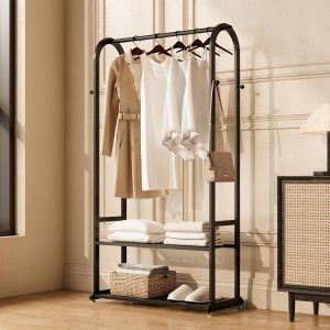 Black Freestanding Metal Clothes Rack with Bottom Shelves