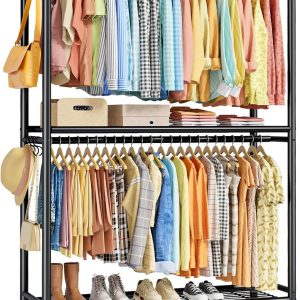 Black Double Rod Clothes Rack with Wheels Shelves