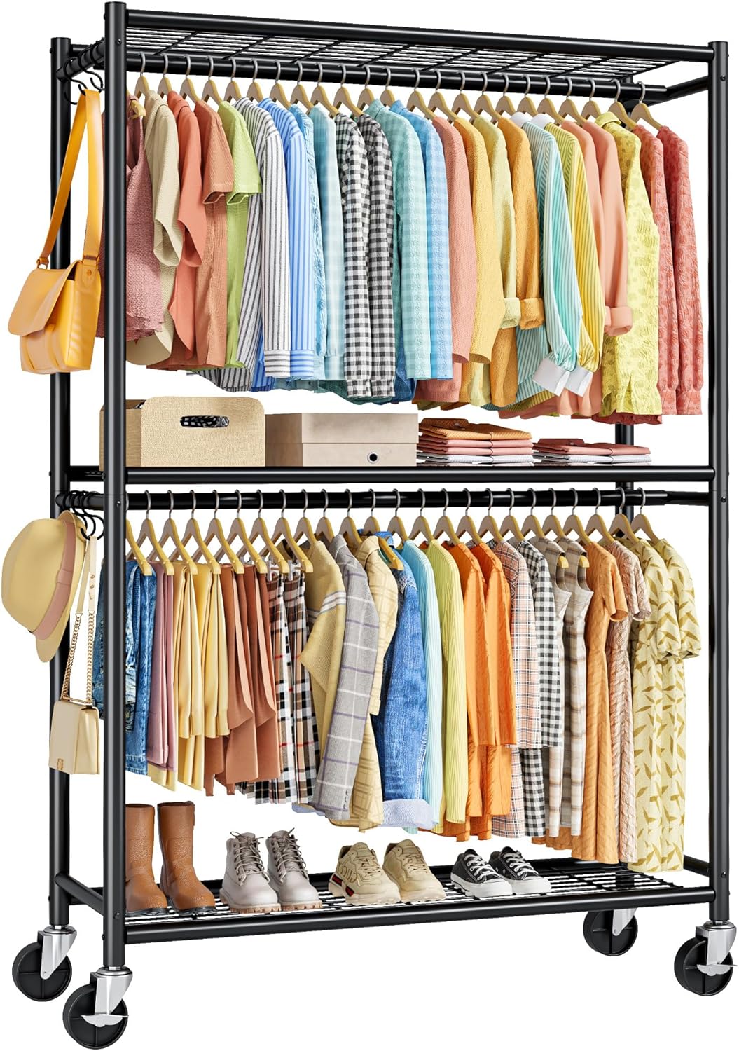 Black Double Rod Clothes Rack with Wheels Shelves